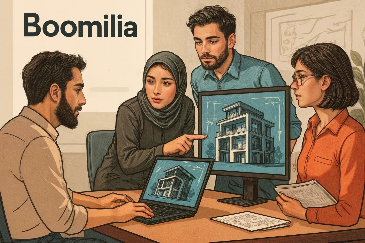 تیم معماران در بومیلیا در حال همکاری روی مدل سه&zwnj;بعدی