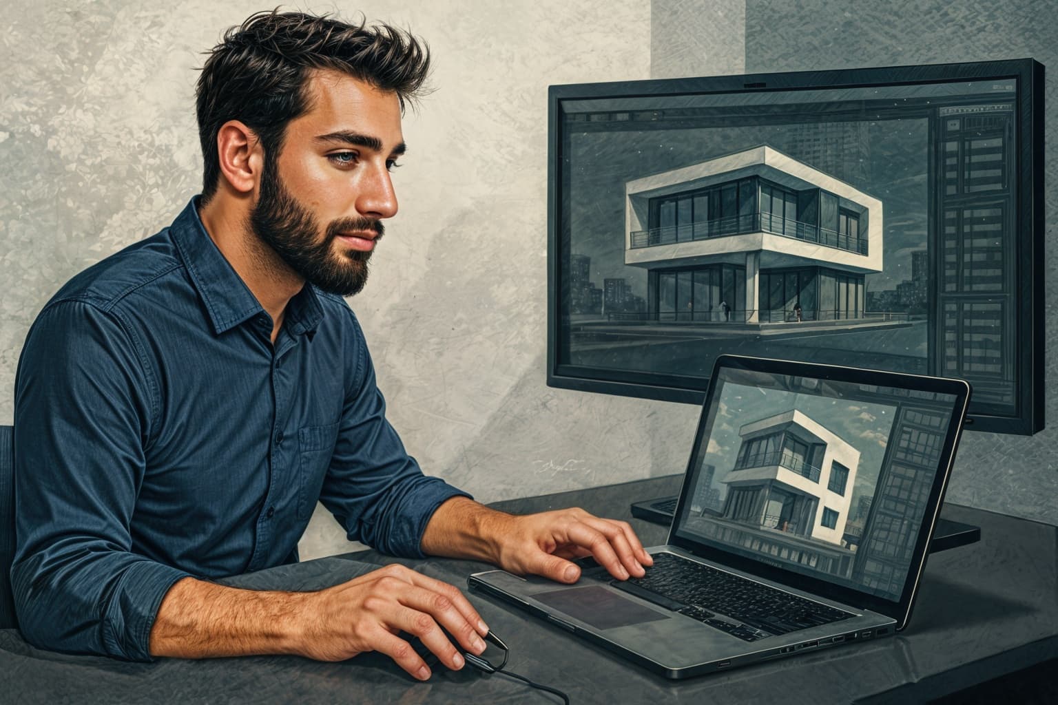 معمار ایرانی در حال طراحی دیجیتال با لپتاپ و مانیتور سهبعدی