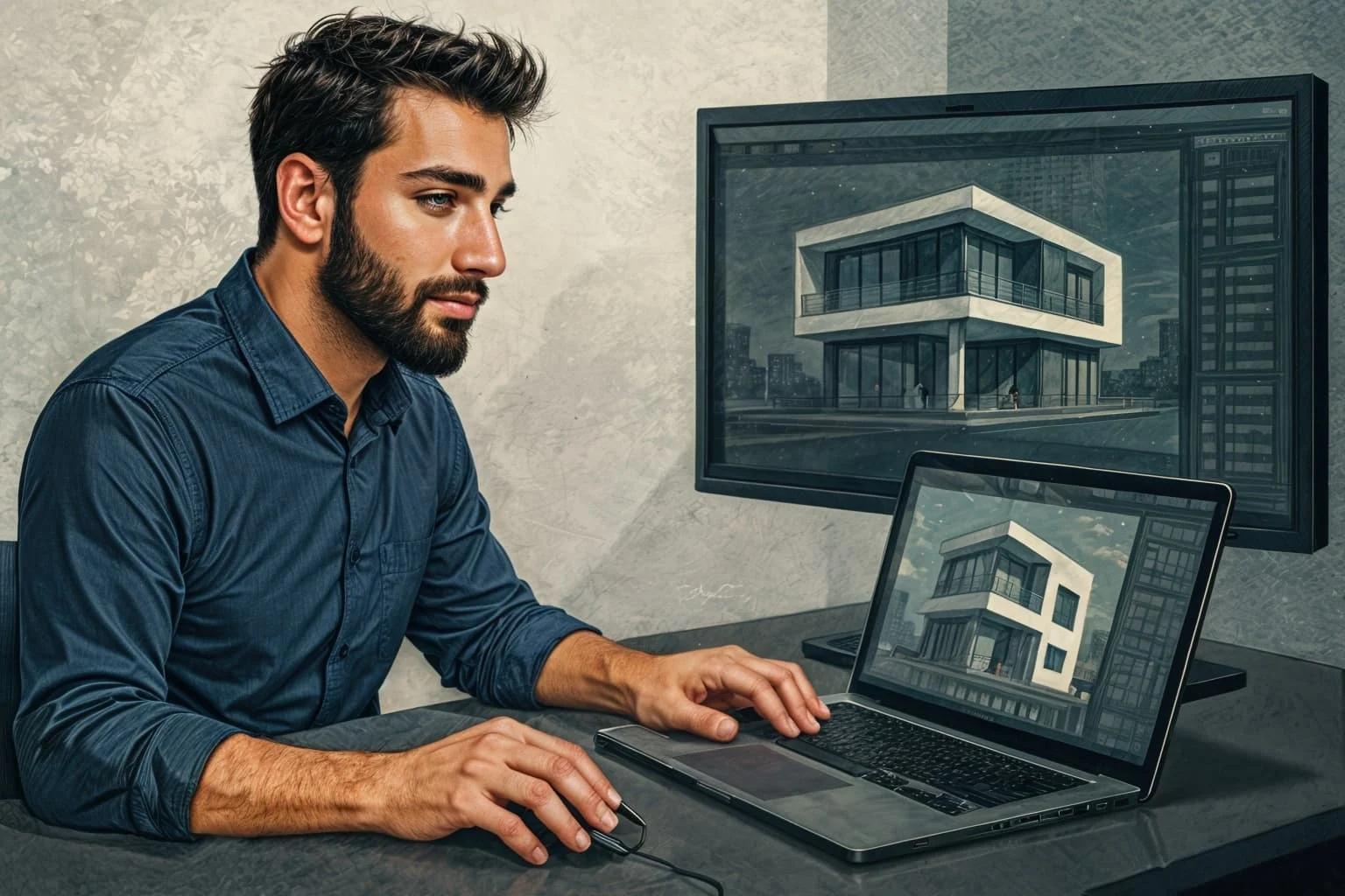 معمار ایرانی در حال طراحی دیجیتال با لپ&zwnj;تاپ و مانیتور سه&zwnj;بعدی